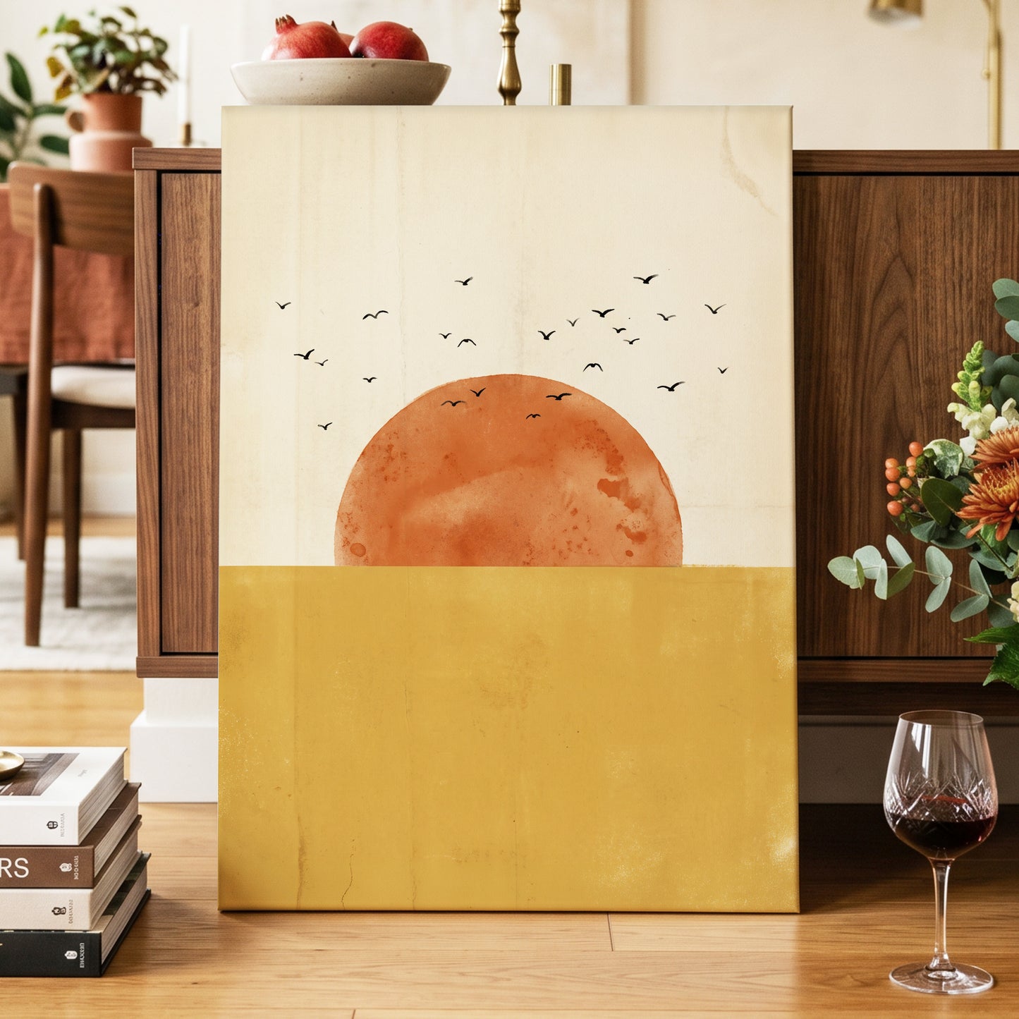 Burnished Horizon, beige, gold, orange nature wall art displayed in a styled interior, gallery view 3