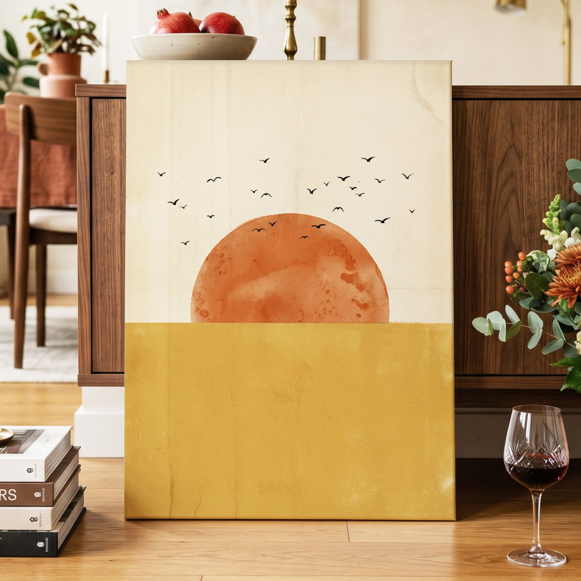 Burnished Horizon, beige, gold, orange nature wall art displayed in a styled interior, gallery view 3