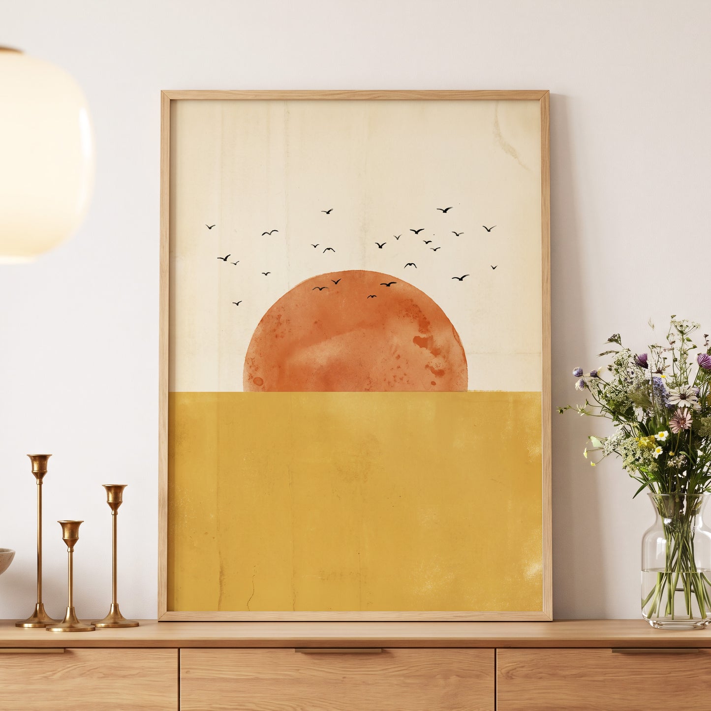 Burnished Horizon, beige, gold, orange nature wall art displayed in a styled interior, gallery view 6