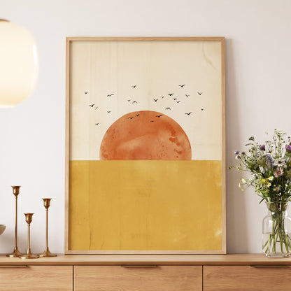 Burnished Horizon, beige, gold, orange nature wall art displayed in a styled interior, gallery view 6