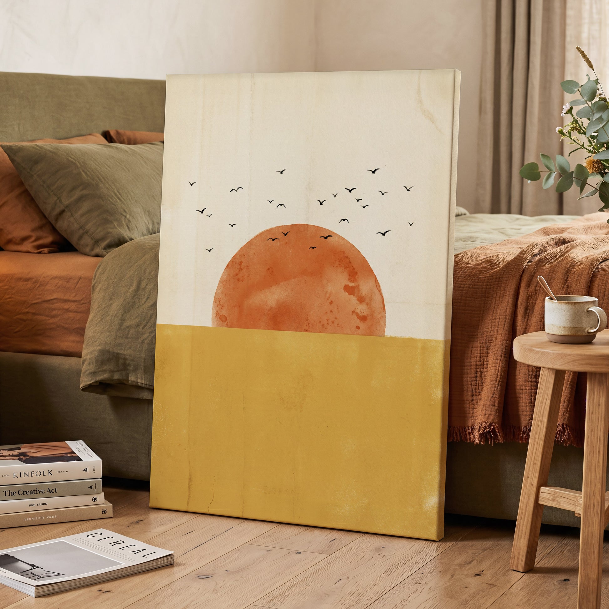 Burnished Horizon, beige, gold, orange nature wall art displayed in a styled interior, gallery view 7