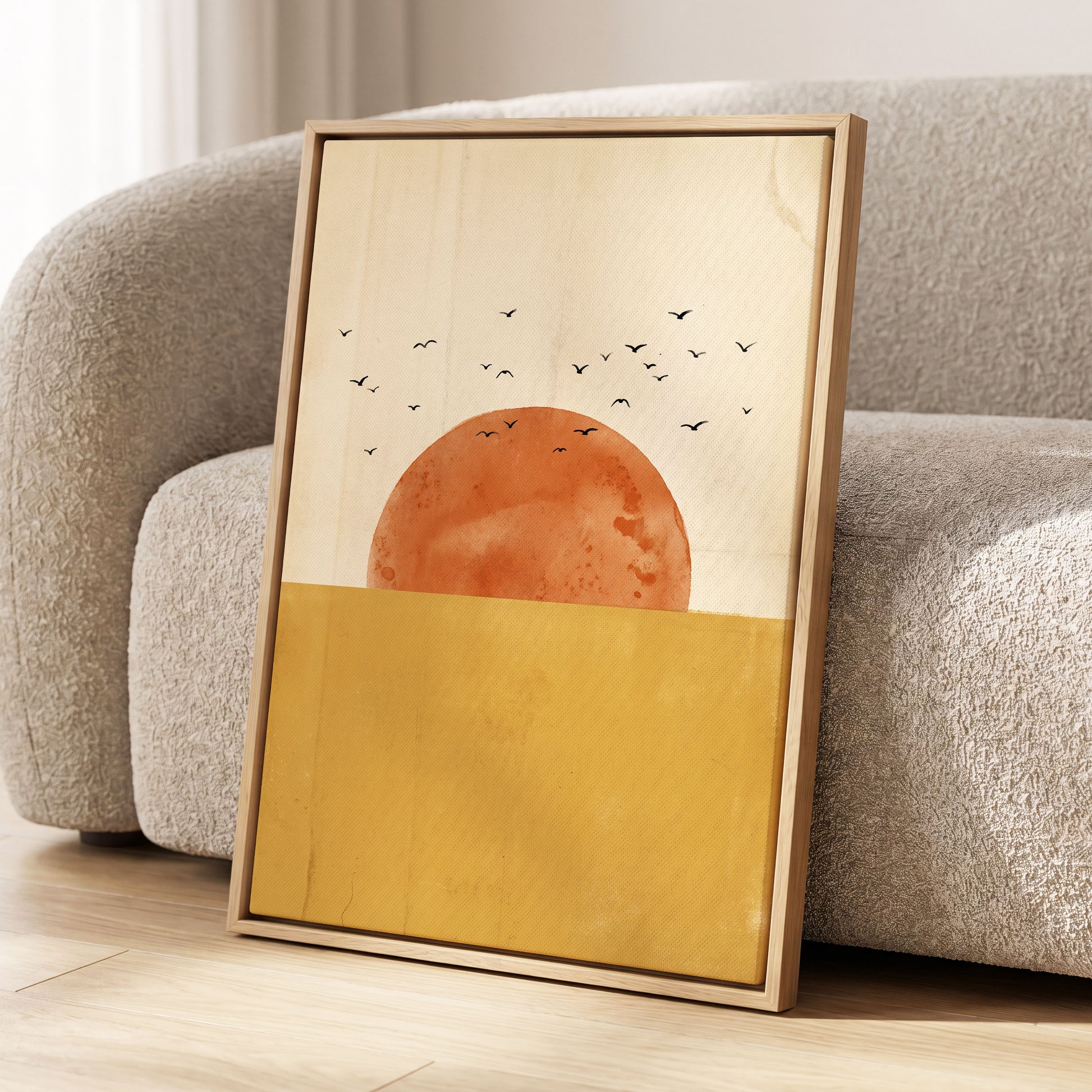 Burnished Horizon, beige, gold, orange nature wall art displayed in a styled interior, gallery view 8