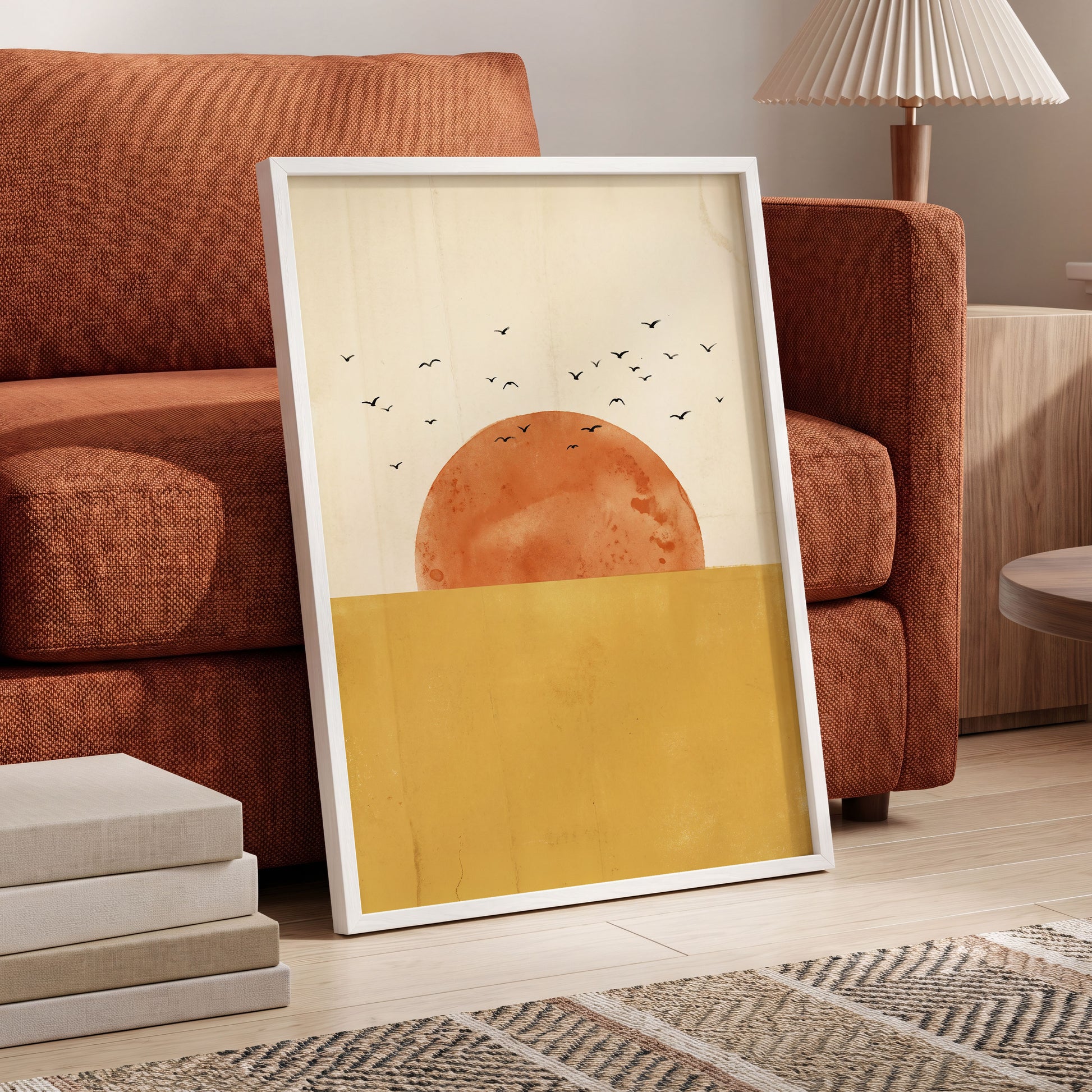 Burnished Horizon, beige, gold, orange nature wall art displayed in a styled interior, gallery view 9