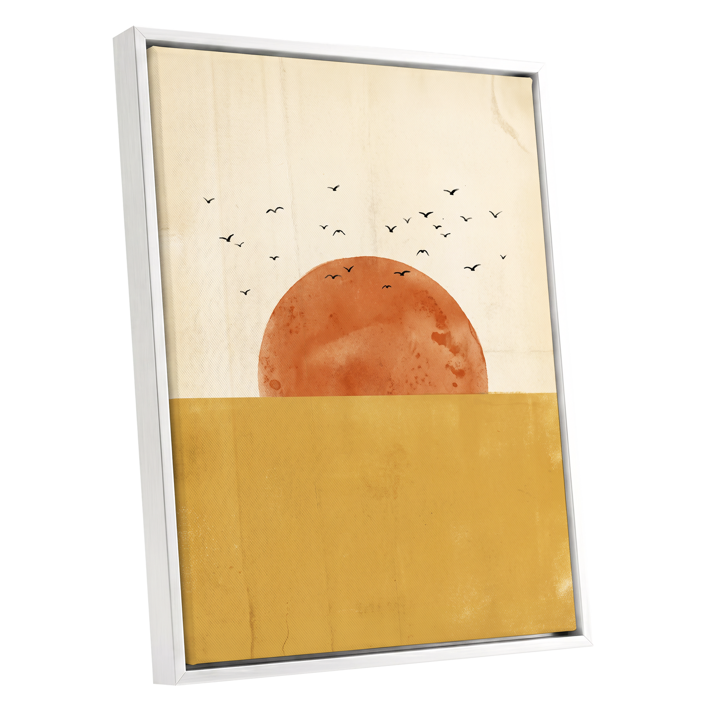 Burnished Horizon, beige, gold, orange nature wall art shown as a white framed canvas wall art