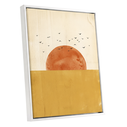 Burnished Horizon, beige, gold, orange nature wall art shown as a white framed canvas wall art