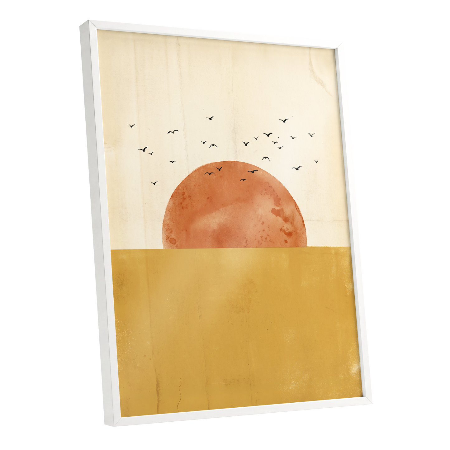 Burnished Horizon, beige, gold, orange nature wall art shown as a white framed poster wall art print