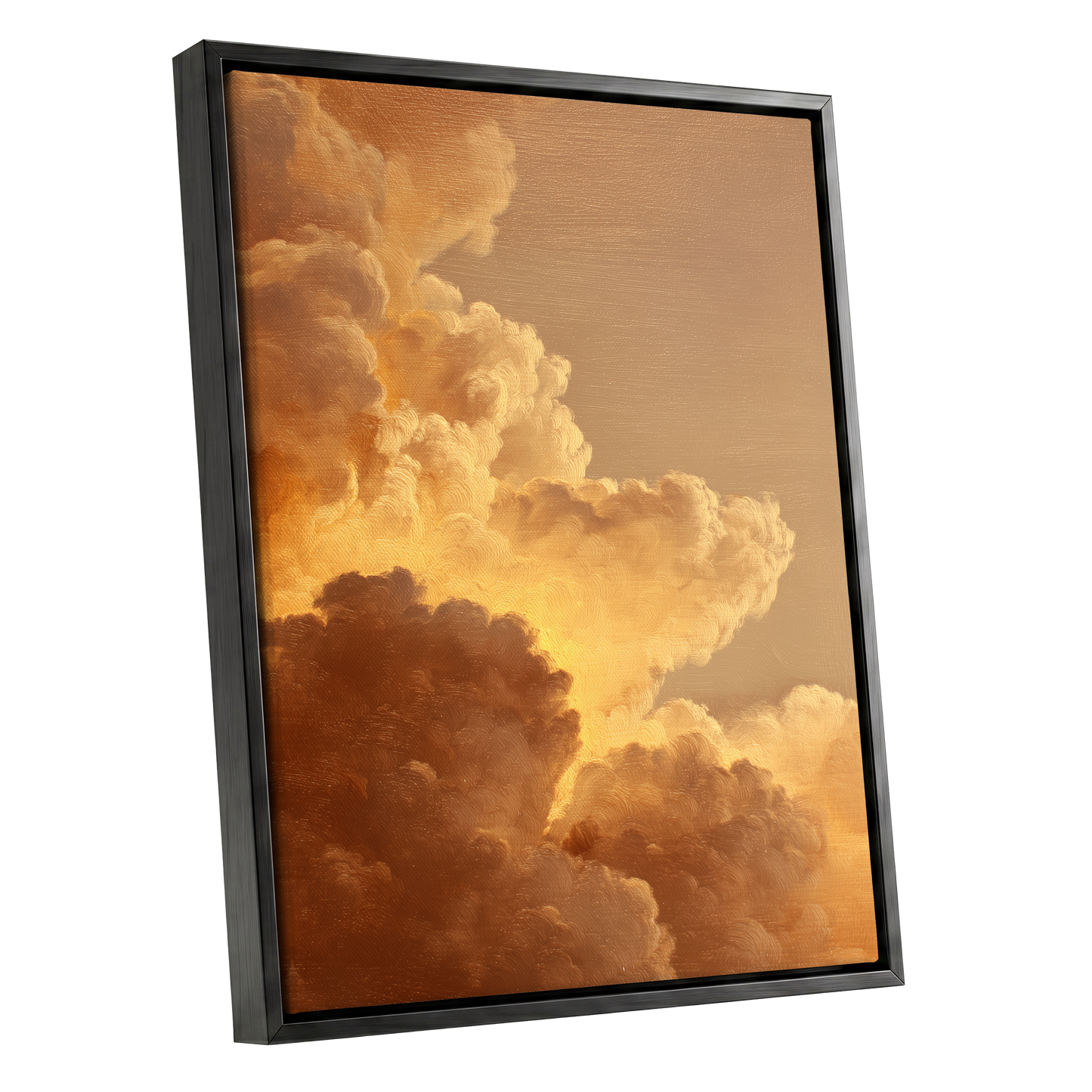 Burnished Thunderheads, gold, brown, beige nature wall art shown as a black framed canvas wall art