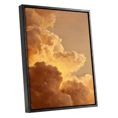 Burnished Thunderheads, gold, brown, beige nature wall art shown as a black framed canvas wall art