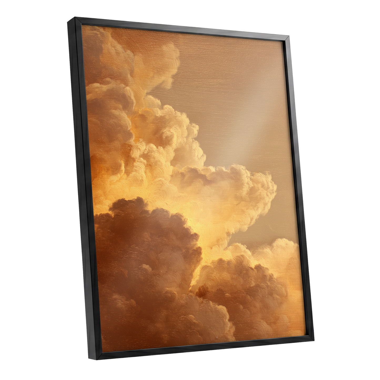 Burnished Thunderheads, gold, brown, beige nature wall art shown as a black framed poster wall art print
