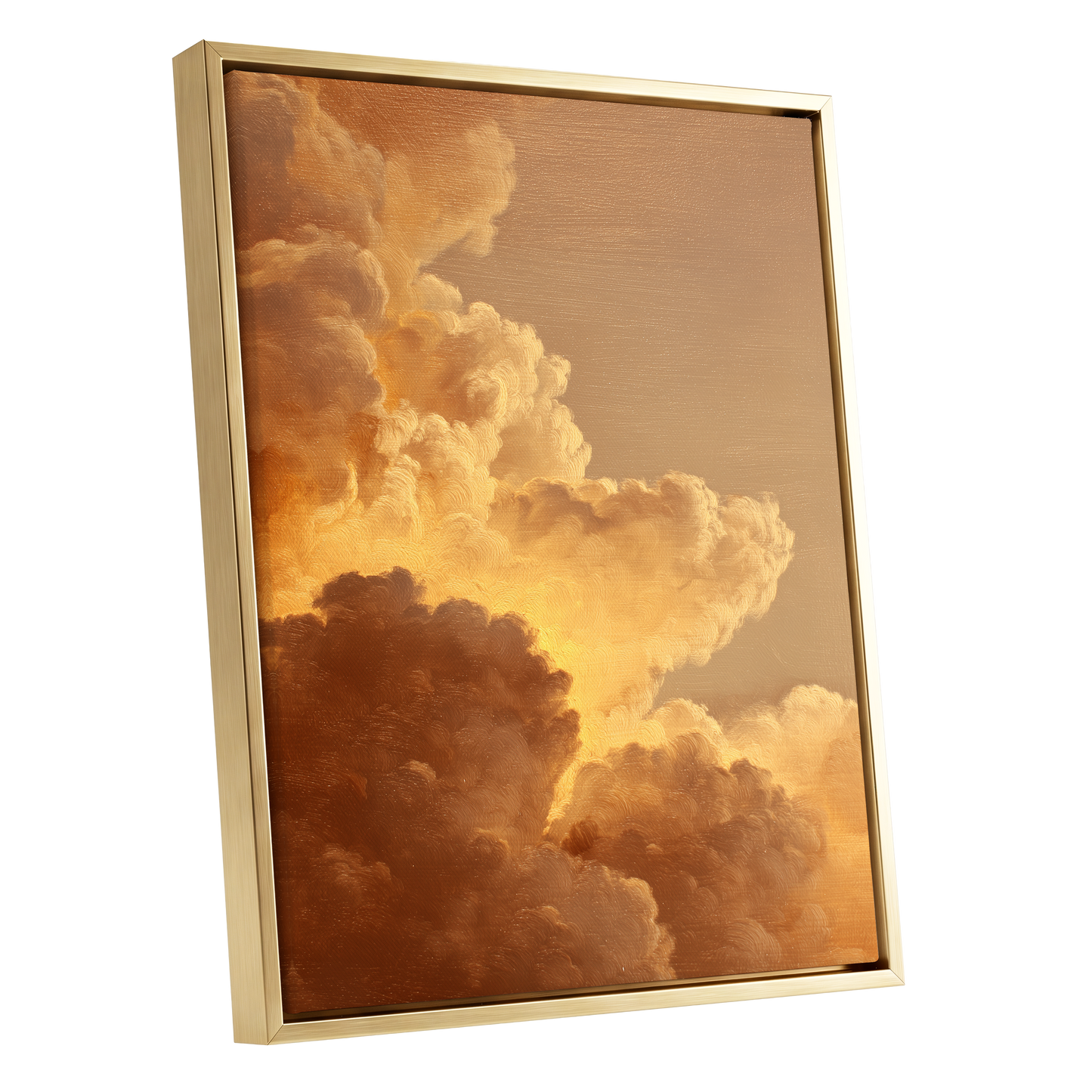 Burnished Thunderheads, gold, brown, beige nature wall art shown as a gold framed canvas wall art