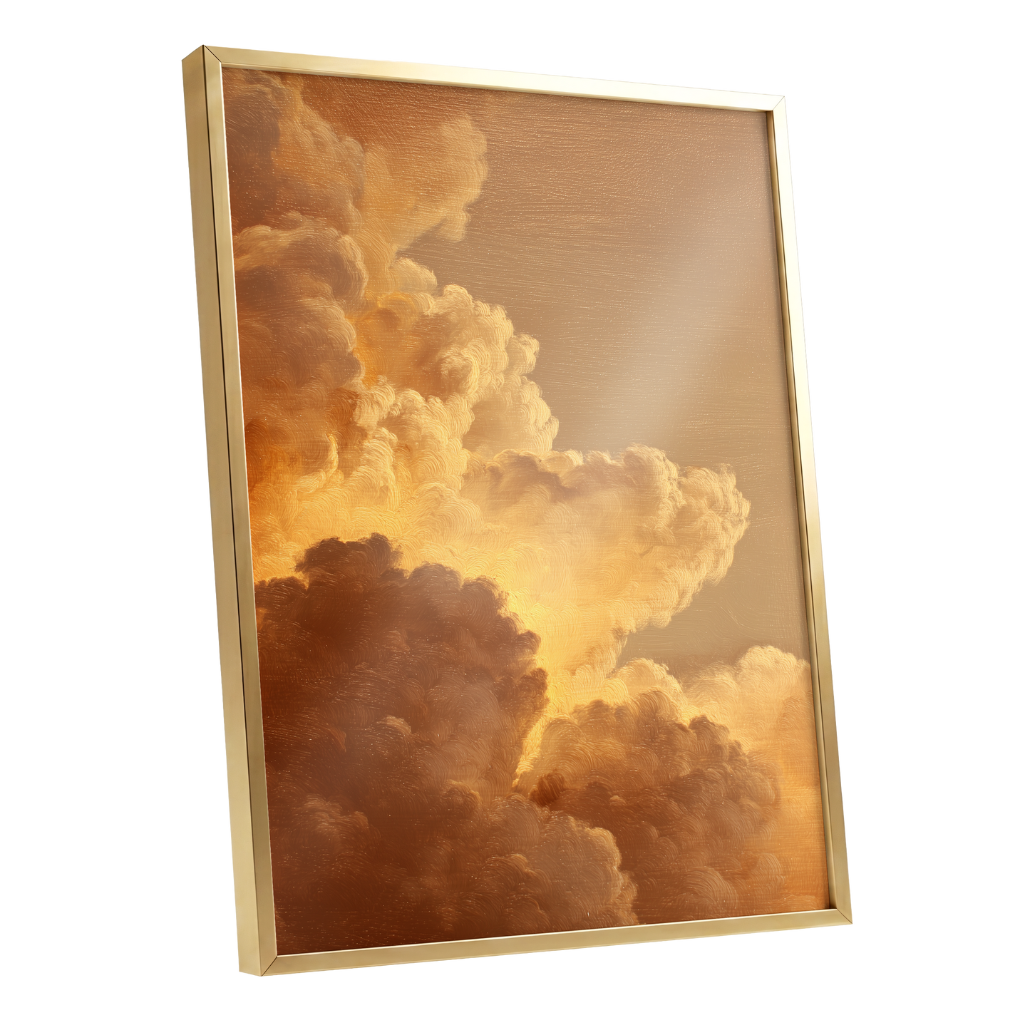 Burnished Thunderheads, gold, brown, beige nature wall art shown as a gold framed poster wall art print