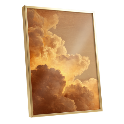 Burnished Thunderheads, gold, brown, beige nature wall art shown as a gold framed poster wall art print