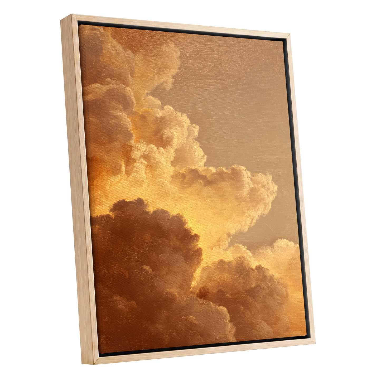 Burnished Thunderheads, gold, brown, beige nature wall art shown as a oak framed canvas wall art