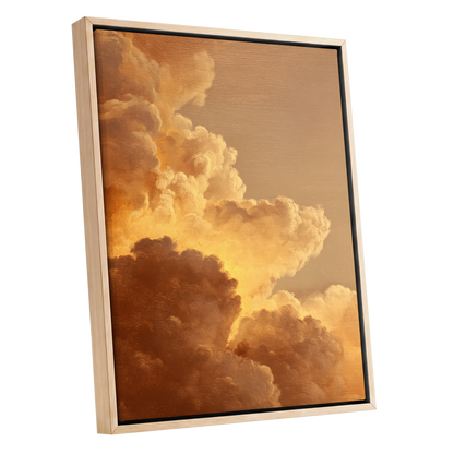 Burnished Thunderheads, gold, brown, beige nature wall art shown as a oak framed canvas wall art