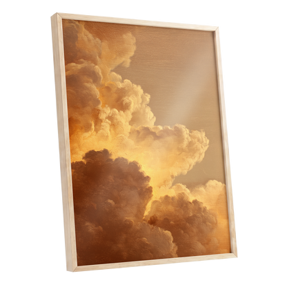 Burnished Thunderheads, gold, brown, beige nature wall art shown as a oak framed poster wall art print