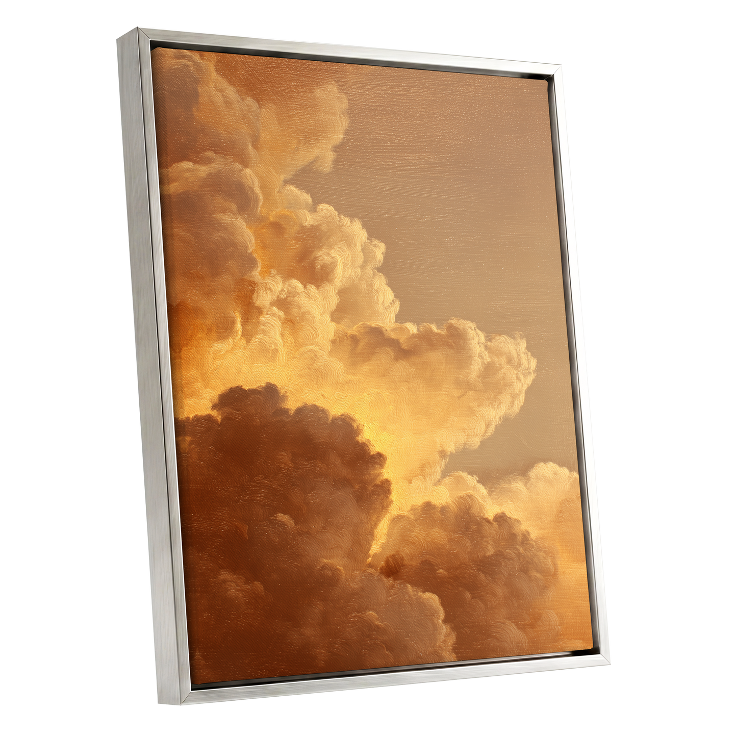 Burnished Thunderheads, gold, brown, beige nature wall art shown as a silver framed canvas wall art