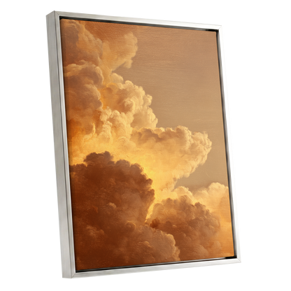 Burnished Thunderheads, gold, brown, beige nature wall art shown as a silver framed canvas wall art