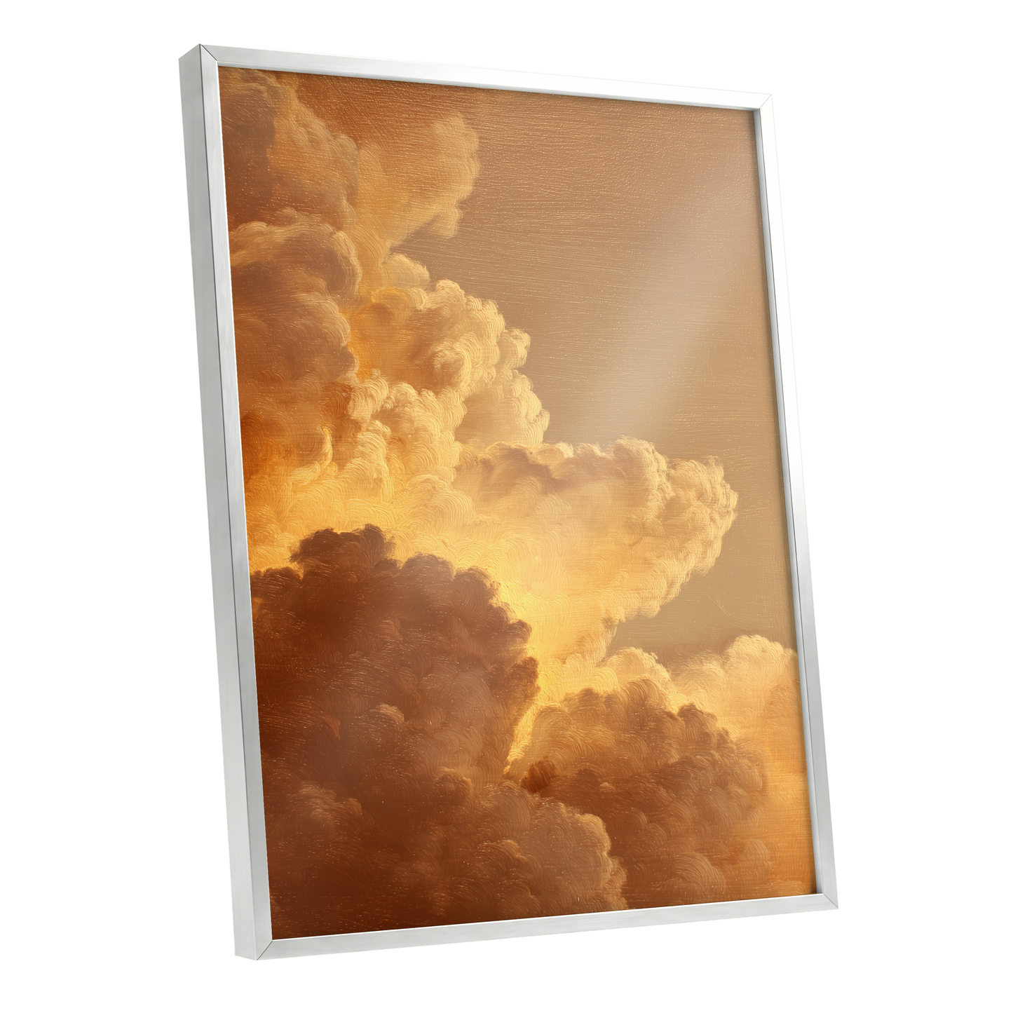 Burnished Thunderheads, gold, brown, beige nature wall art shown as a silver framed poster wall art print