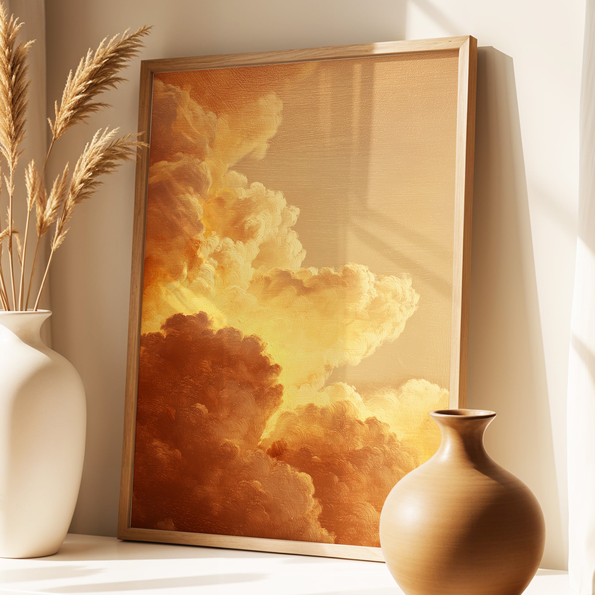 Burnished Thunderheads, gold, brown, beige nature wall art displayed in a styled interior, gallery view 2