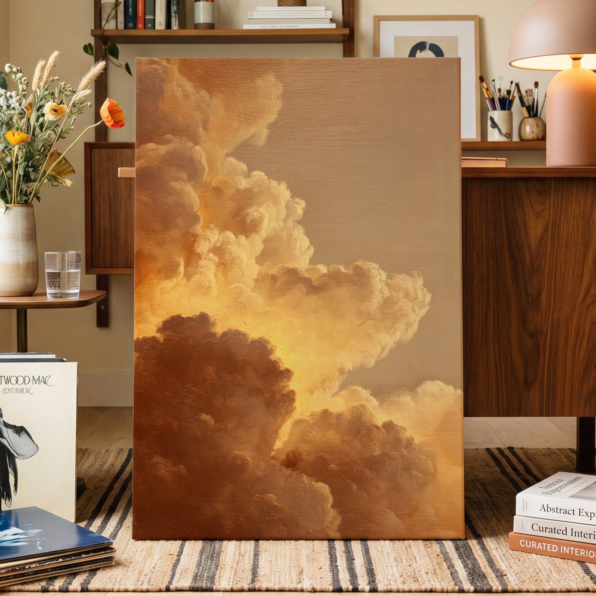 Burnished Thunderheads, gold, brown, beige nature wall art displayed in a styled interior, gallery view 3