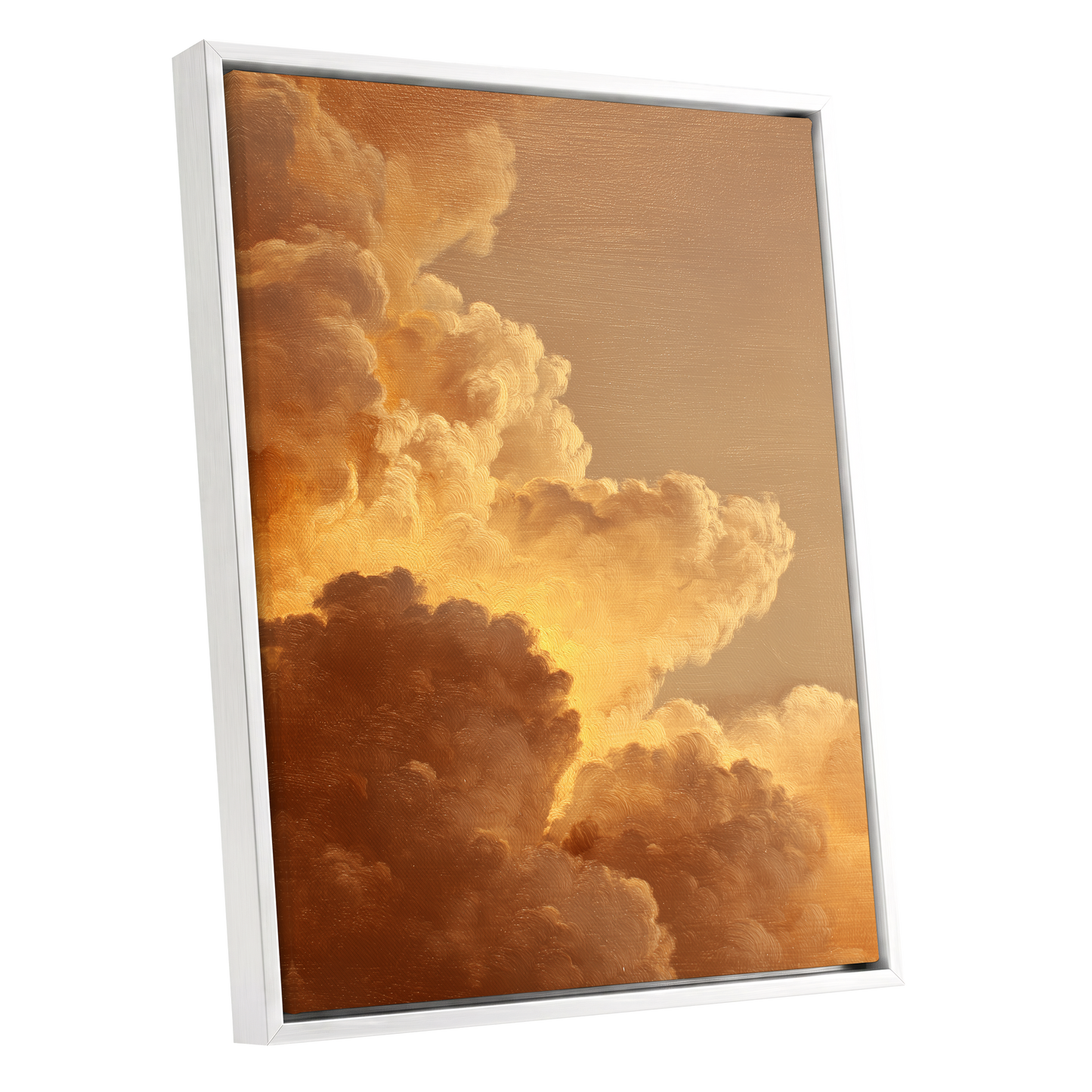 Burnished Thunderheads, gold, brown, beige nature wall art shown as a white framed canvas wall art