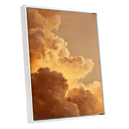 Burnished Thunderheads, gold, brown, beige nature wall art shown as a white framed canvas wall art