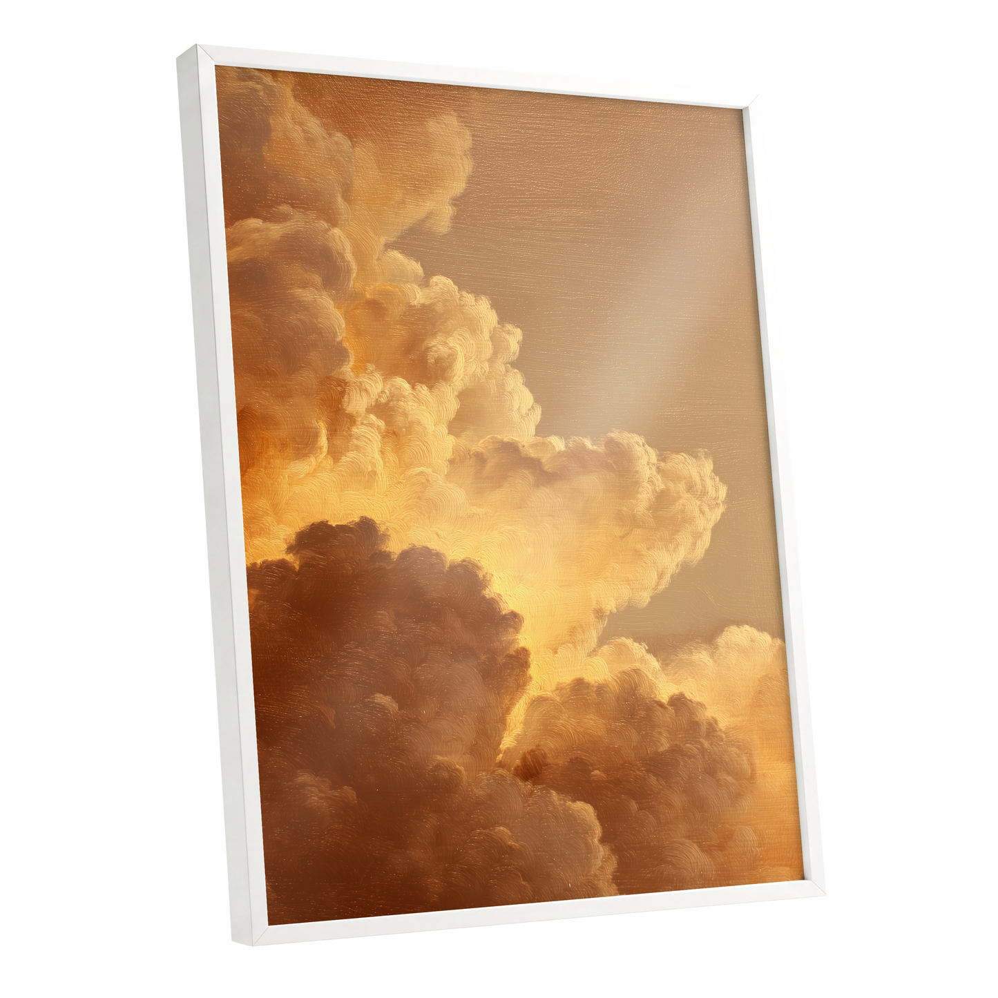 Burnished Thunderheads, gold, brown, beige nature wall art shown as a white framed poster wall art print