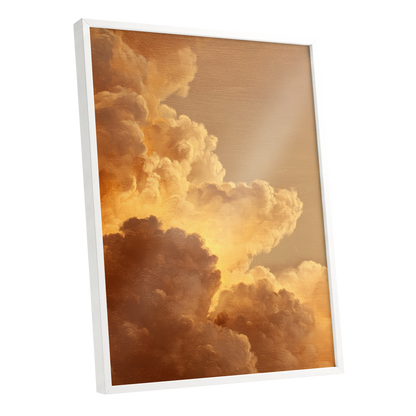 Burnished Thunderheads, gold, brown, beige nature wall art shown as a white framed poster wall art print
