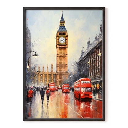 Buses Beneath Big Ben, gray, red, beige abstract wall art, front artwork view
