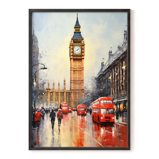 Buses Beneath Big Ben, gray, red, beige abstract wall art, front artwork view