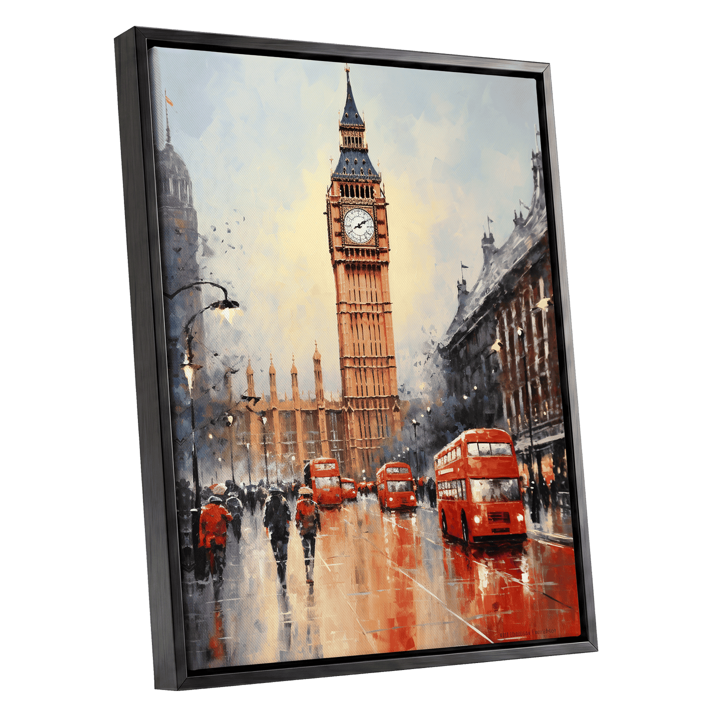 Buses Beneath Big Ben, gray, red, beige abstract wall art shown as a black framed canvas wall art