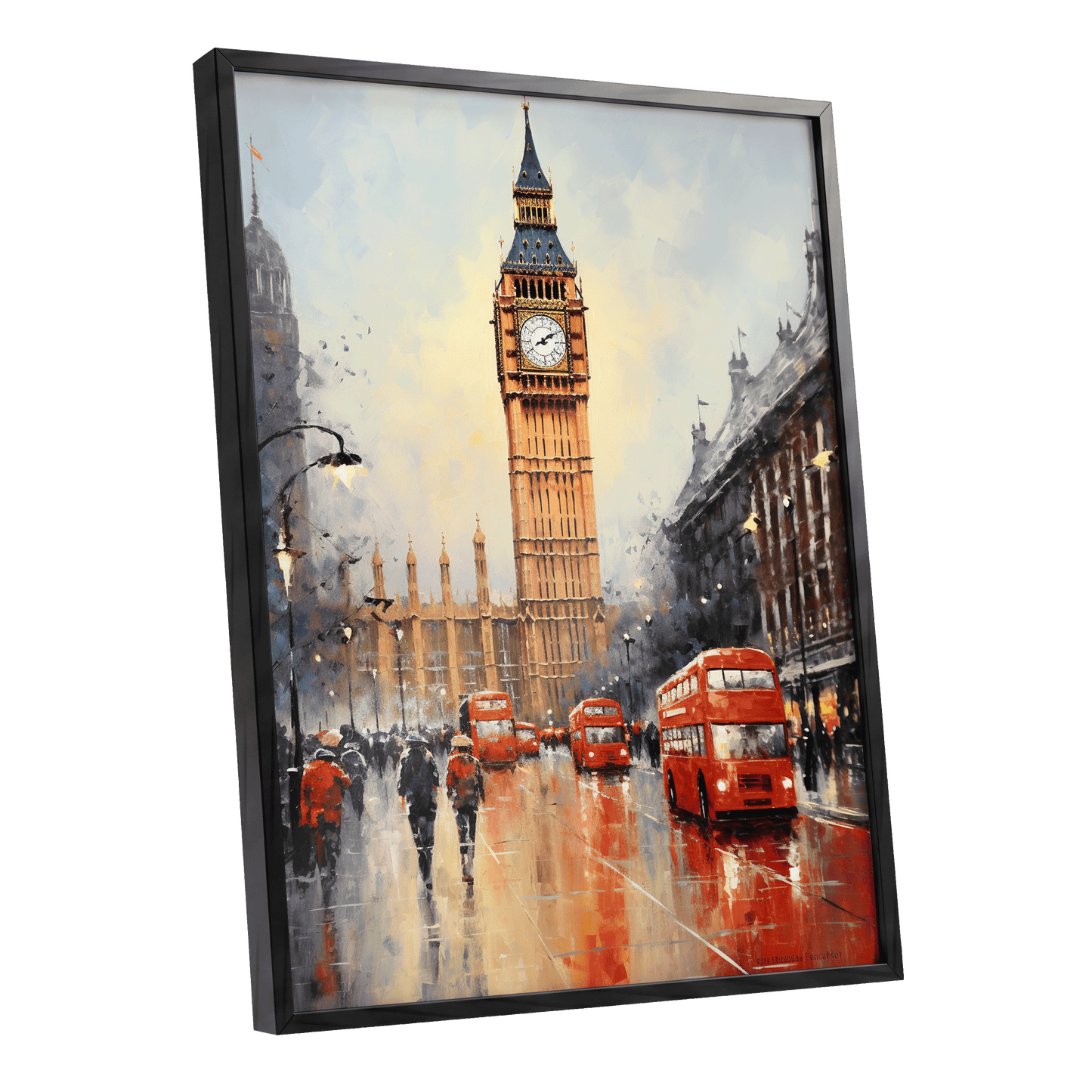 Buses Beneath Big Ben, gray, red, beige abstract wall art shown as a black framed poster wall art print