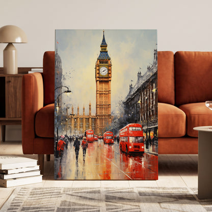 Buses Beneath Big Ben, gray, red, beige abstract wall art on canvas displayed in a styled interior, gallery view 1
