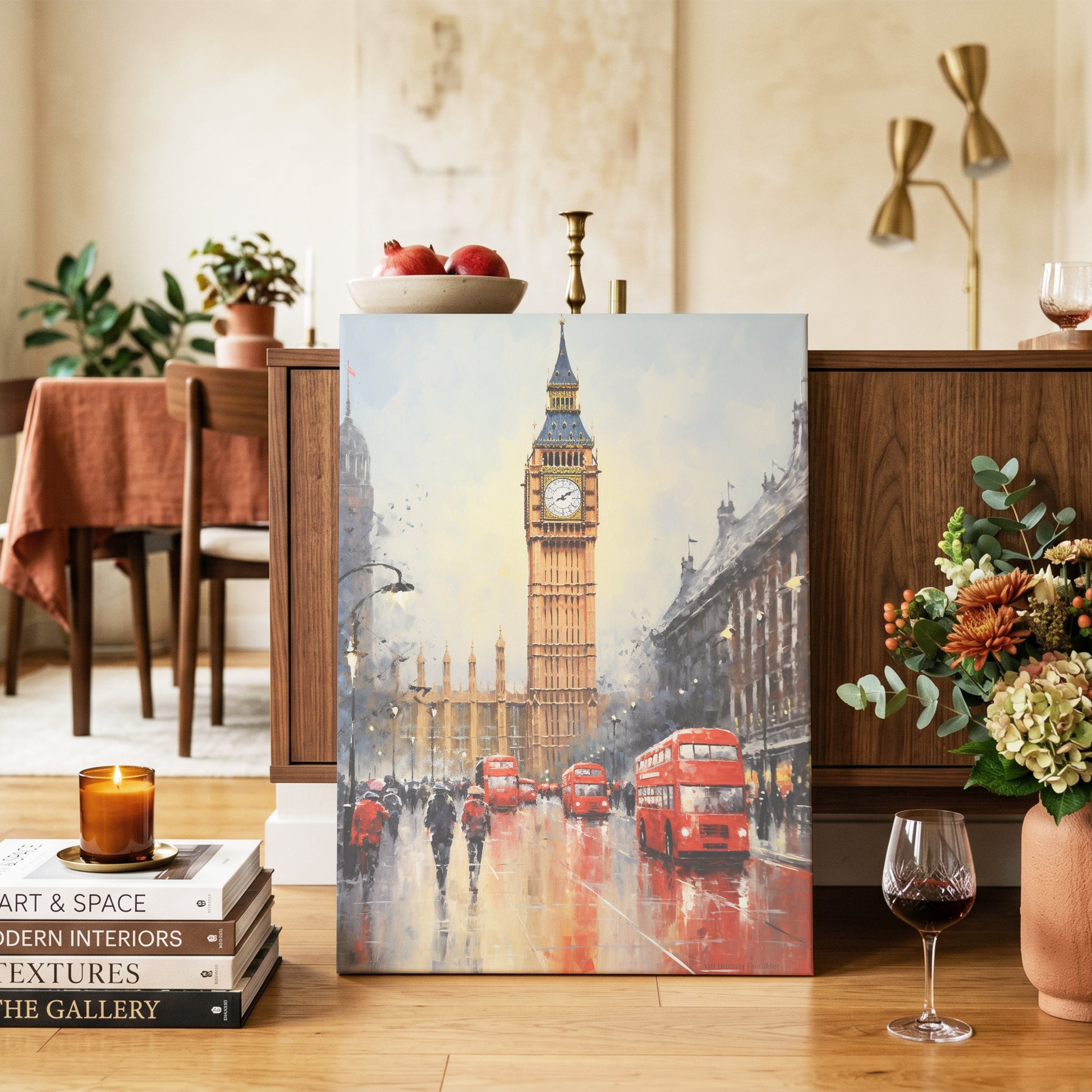 Buses Beneath Big Ben, gray, red, beige abstract wall art on canvas displayed in a styled interior, gallery view 2