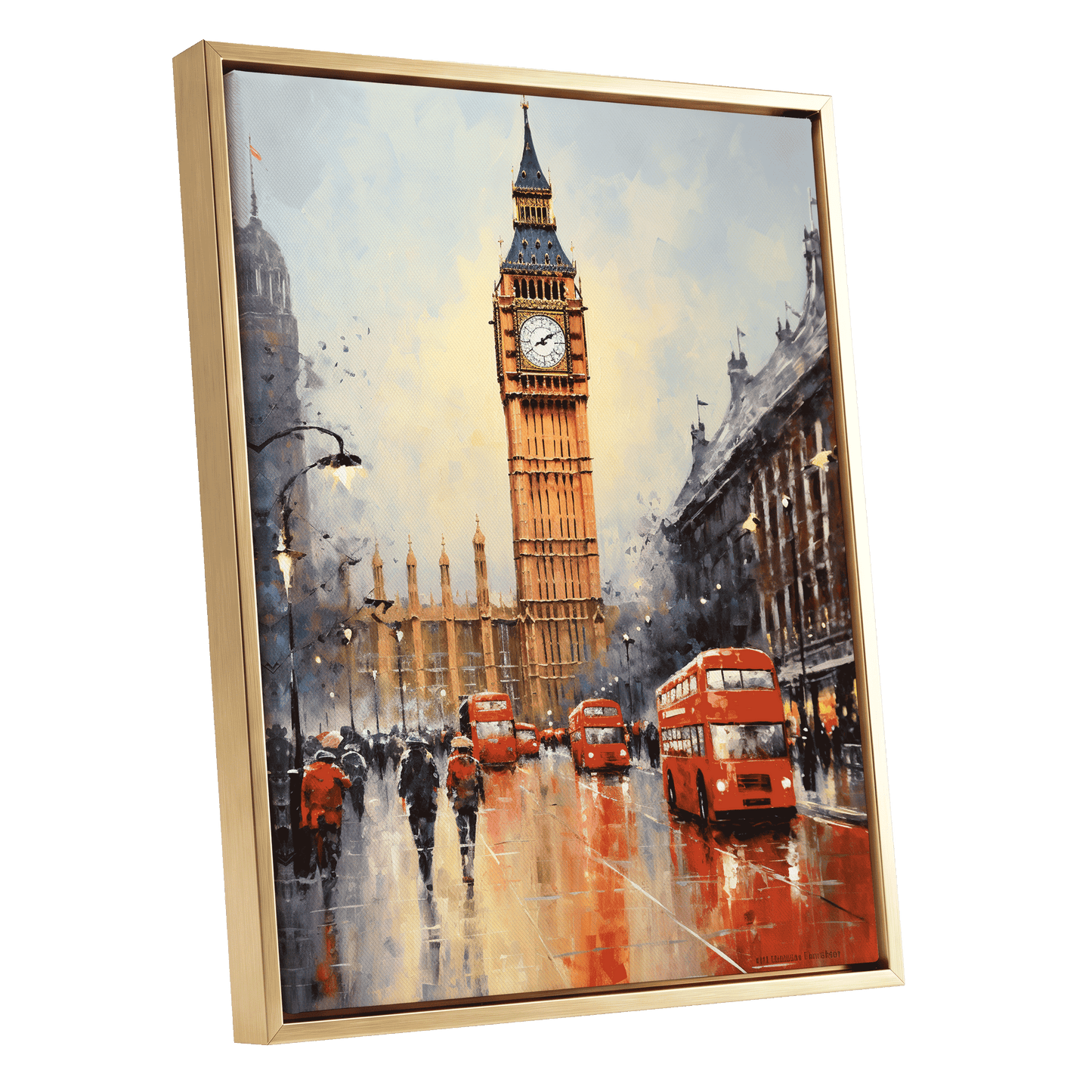 Buses Beneath Big Ben, gray, red, beige abstract wall art shown as a gold framed canvas wall art