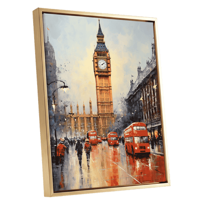 Buses Beneath Big Ben, gray, red, beige abstract wall art shown as a gold framed canvas wall art