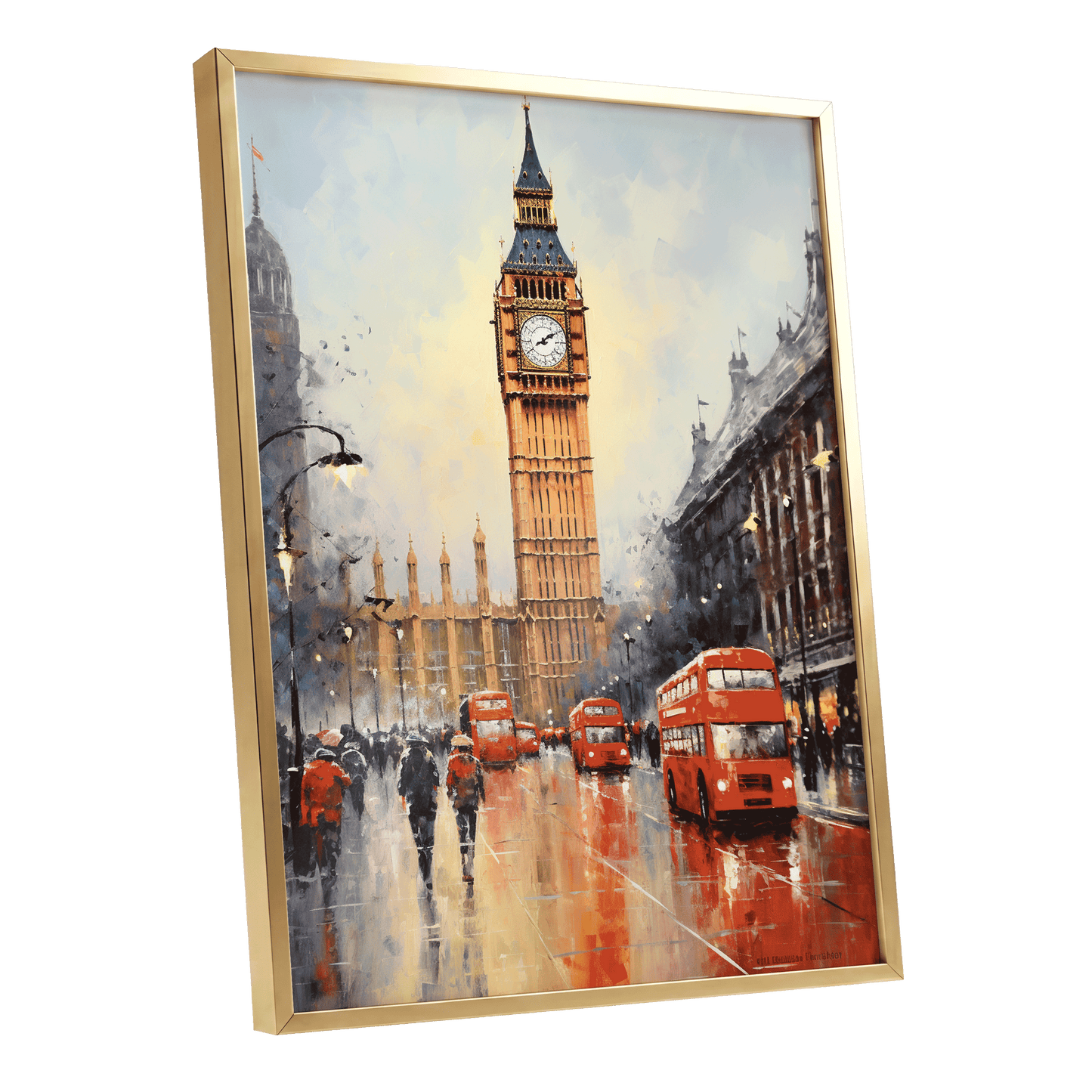 Buses Beneath Big Ben, gray, red, beige abstract wall art shown as a gold framed poster wall art print