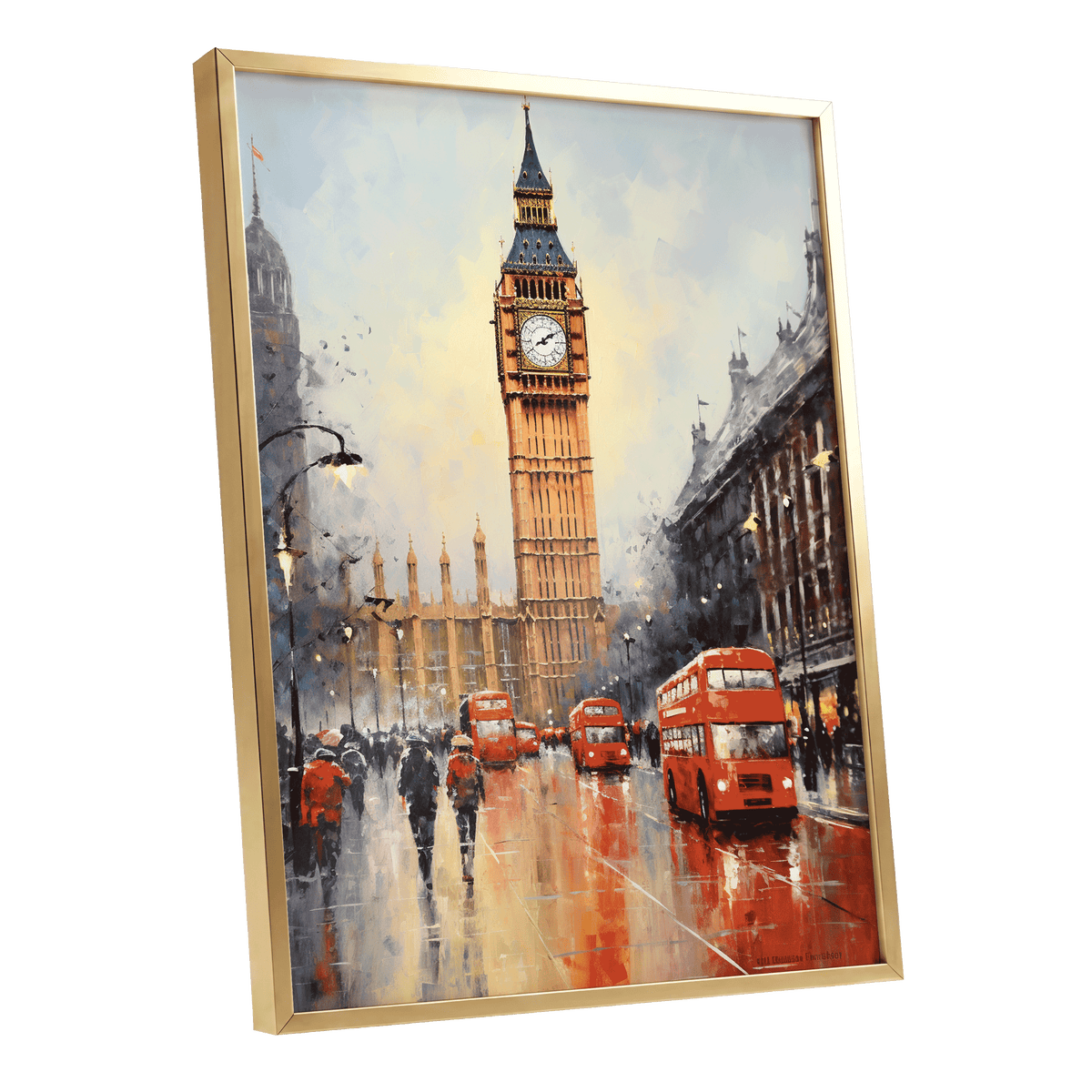 Buses Beneath Big Ben, gray, red, beige abstract wall art shown as a gold framed poster wall art print
