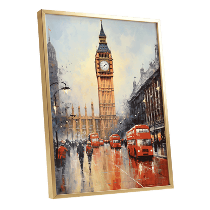 Buses Beneath Big Ben, gray, red, beige abstract wall art shown as a gold framed poster wall art print