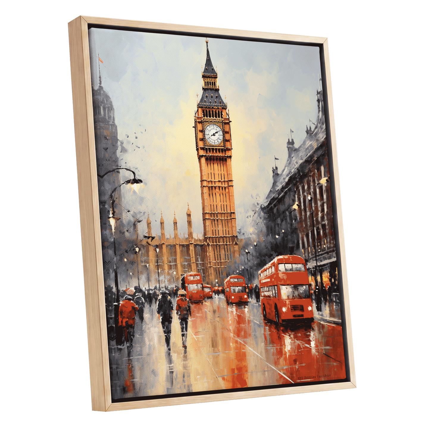 Buses Beneath Big Ben, gray, red, beige abstract wall art shown as a oak framed canvas wall art