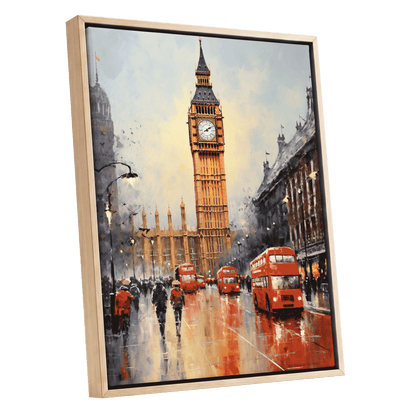 Buses Beneath Big Ben, gray, red, beige abstract wall art shown as a oak framed canvas wall art