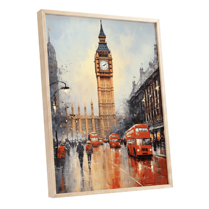 Buses Beneath Big Ben, gray, red, beige abstract wall art shown as a oak framed poster wall art print