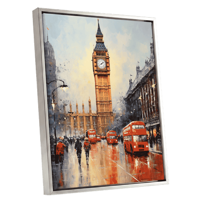 Buses Beneath Big Ben, gray, red, beige abstract wall art shown as a silver framed canvas wall art