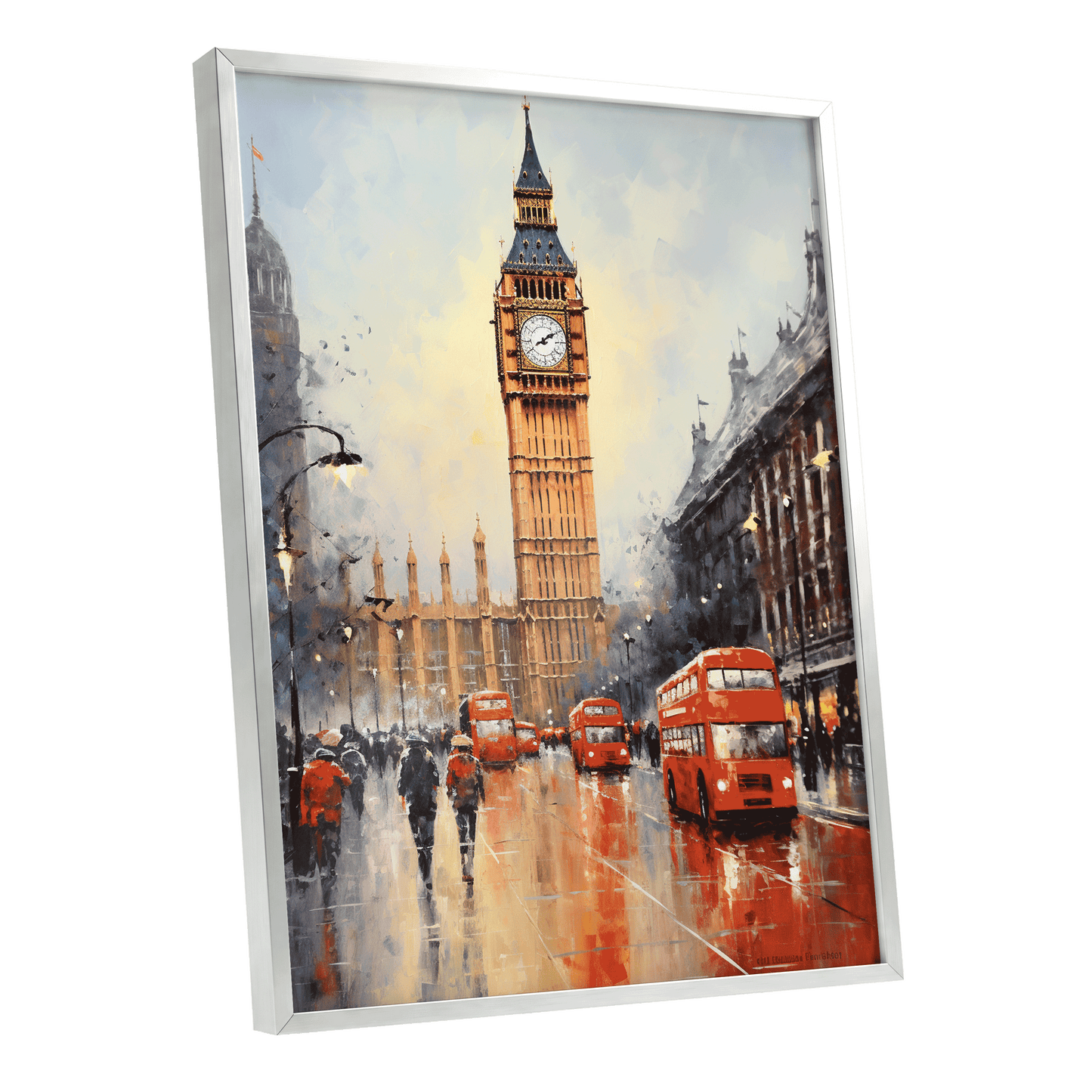 Buses Beneath Big Ben, gray, red, beige abstract wall art shown as a silver framed poster wall art print