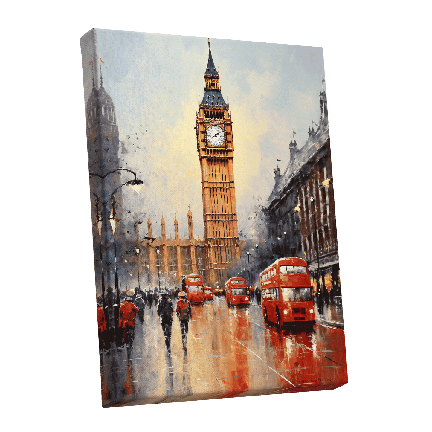 Buses Beneath Big Ben, gray, red, beige abstract wall art shown as a stretched canvas wall art