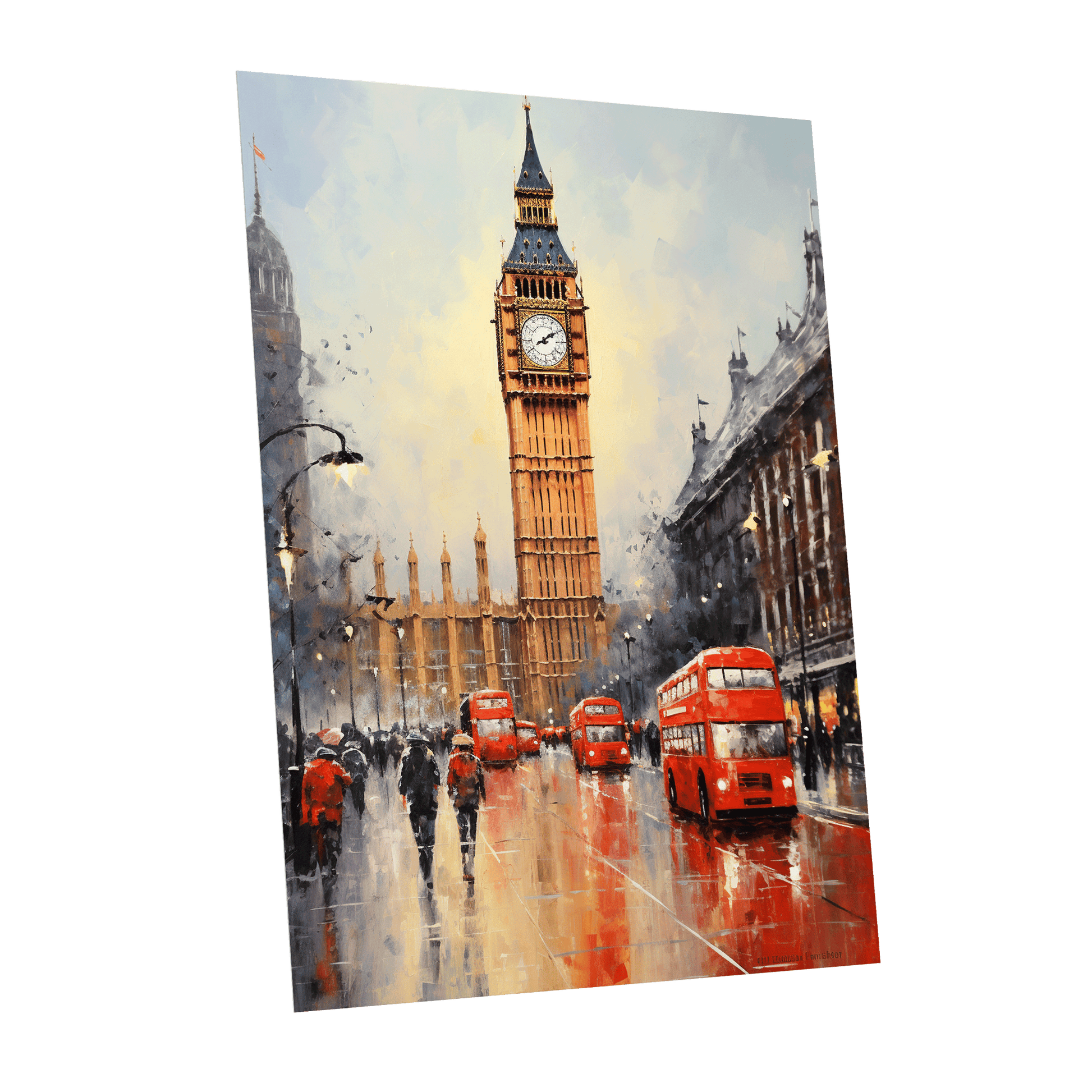 Buses Beneath Big Ben, gray, red, beige abstract wall art shown as a unframed poster wall art print