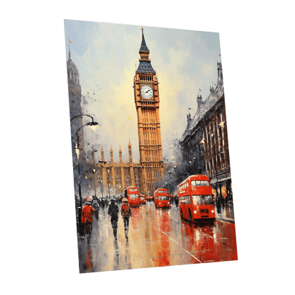 Buses Beneath Big Ben, gray, red, beige abstract wall art shown as a unframed poster wall art print