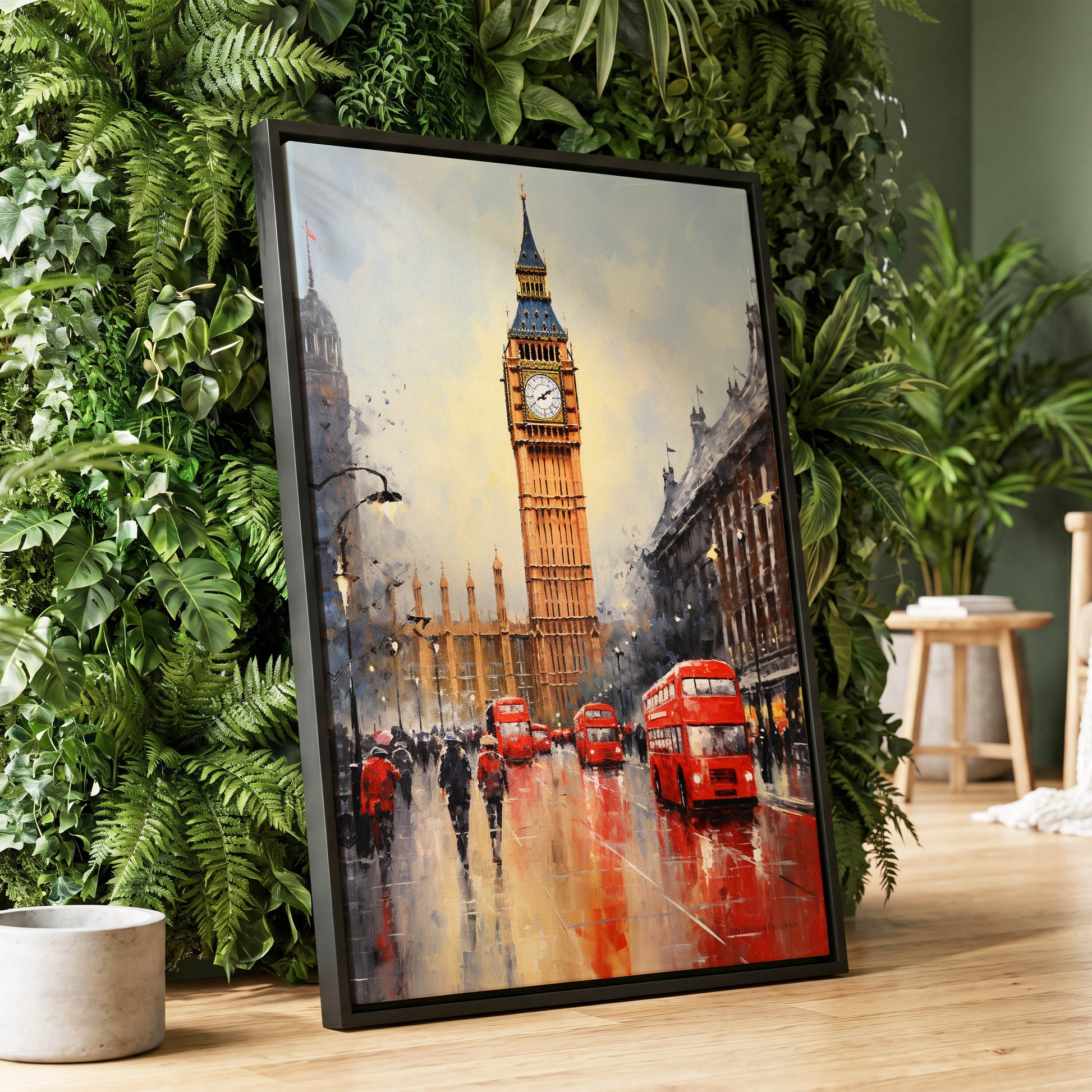 Buses Beneath Big Ben, gray, red, beige abstract wall art displayed in a styled interior, gallery view 1