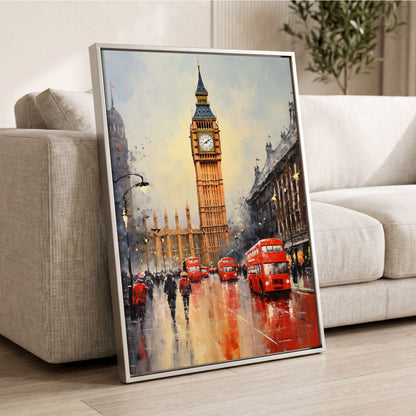 Buses Beneath Big Ben, gray, red, beige abstract wall art displayed in a styled interior, gallery view 2
