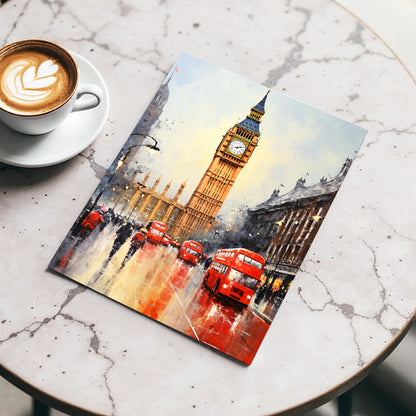 Buses Beneath Big Ben, gray, red, beige abstract wall art displayed in a styled interior, gallery view 3